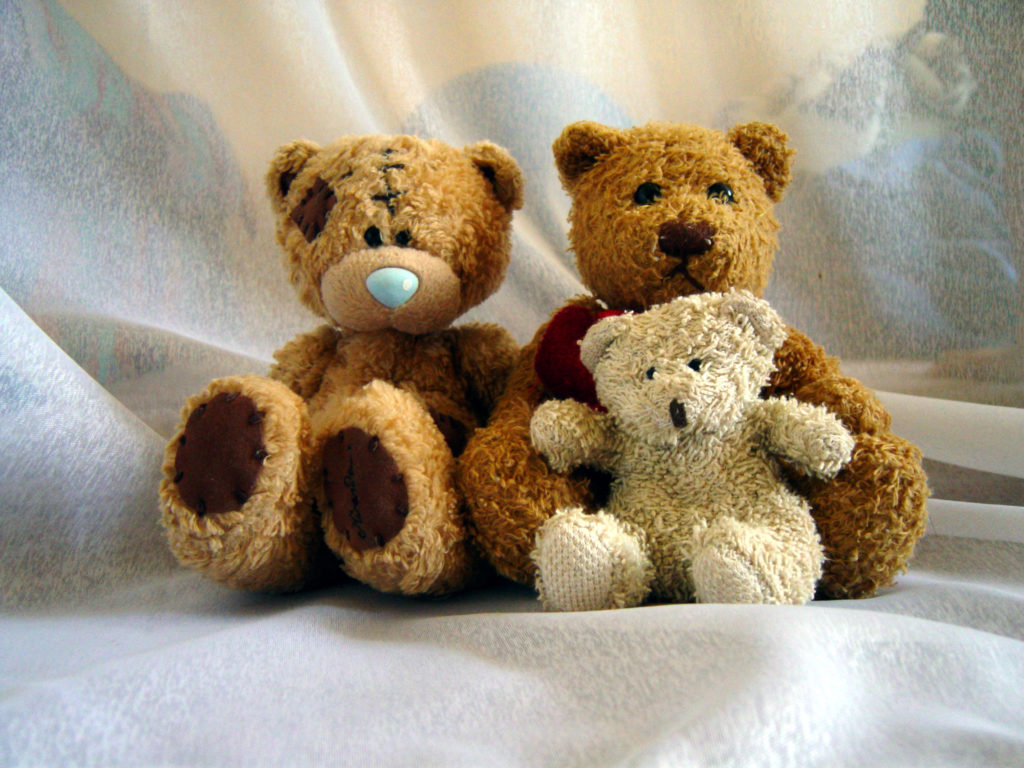 Das Foto zeigt zwei große Teddybären und einén kleinen Teddybären, die zusammen eine Famile darstellen.